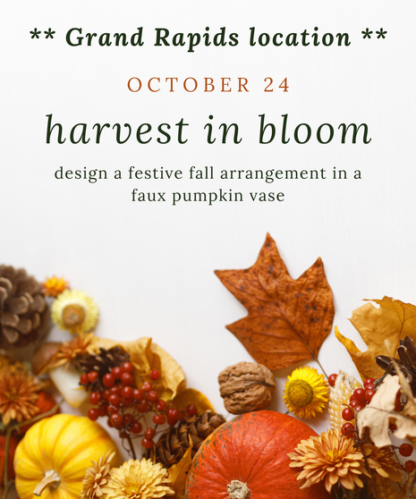 A flyer with pumpkins, leaves and fall florals.
