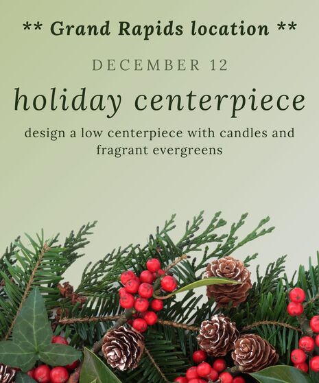 A flyer with winter greener, red berries, and pine cones.