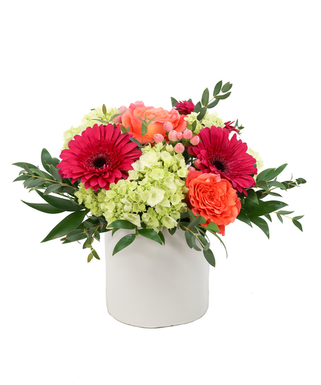 Vibrant bouquet with pink roses, green hydrangea, peach hypericum, and hot pink gerbera daisies in a white ceramic container.