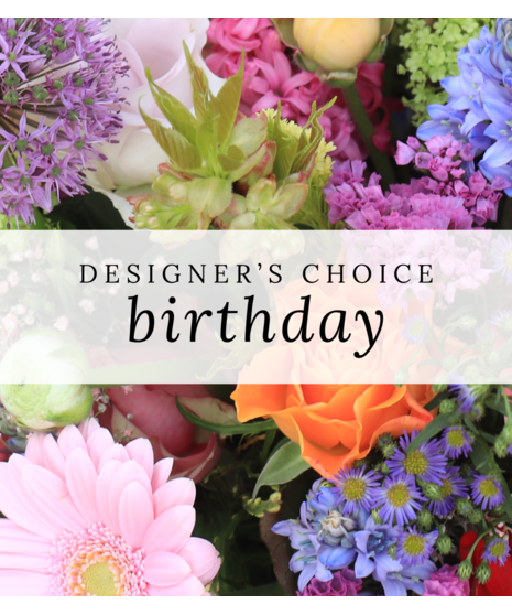 A background of purple, blue, green, orange and light pink florals with the words 'Designer's Choice, Birthday'.