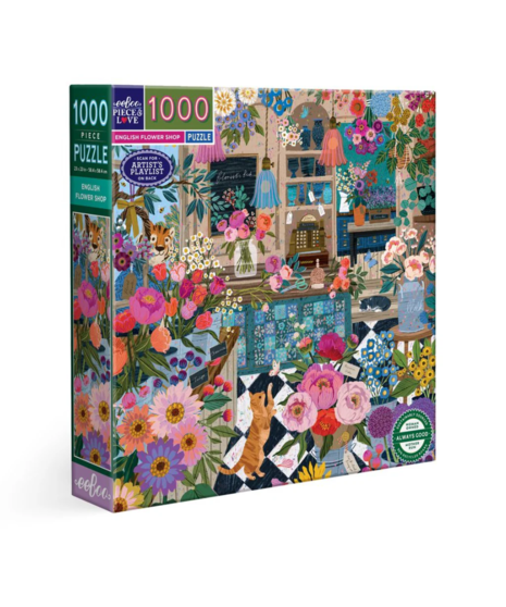 A puzzle box with colorful flowers, cats, insects and plants.