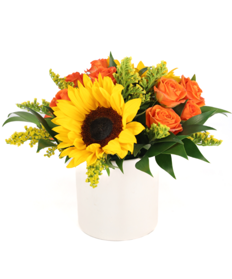 A vibrant arrangement featuring yellow sunflowers, orange mini roses and yellow solidago designed in a white ceramic container.
