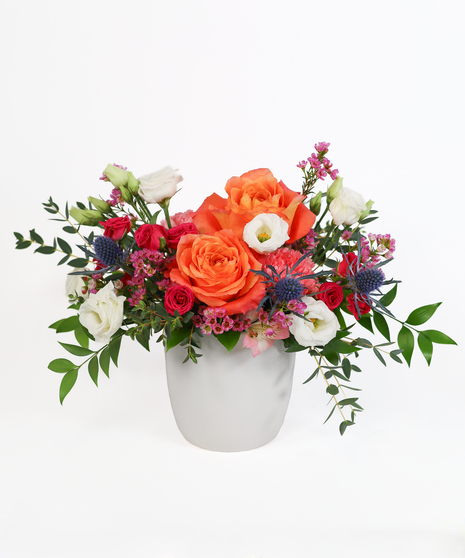 An arrangement of orange and hot pink roses with white lisianthus and blue thistle in a smooth white ceramic pot with various green leaves.