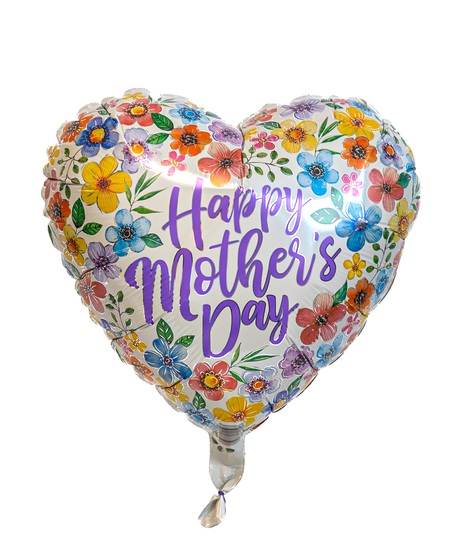 A heart shaped balloon with flowers and 'Happy Mother's Day' on it.