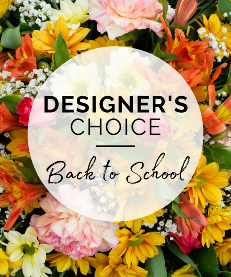 A background of fall colored florals with the words 'Designer's Choice, Back to School'.