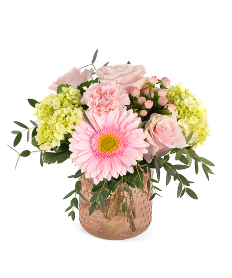 A bouquet of light pink gerbera daisies, carnations, berries and mini green hydrangeas designed in a light pink glass vase.