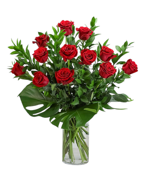 Red Roses with Modern Foliage - One Dozen Roses