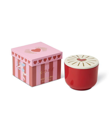 Candle in red vessel, lid has red heart with gold lines around it, sold in a fun, decorative red and pink stripped box with lid